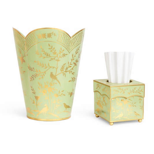 a green and gold box with a white tissue box