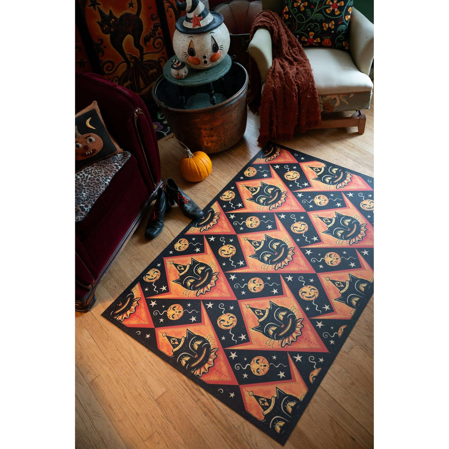 Grinning Black Cat Jack 56” Harlequin Vinyl Floor Decor