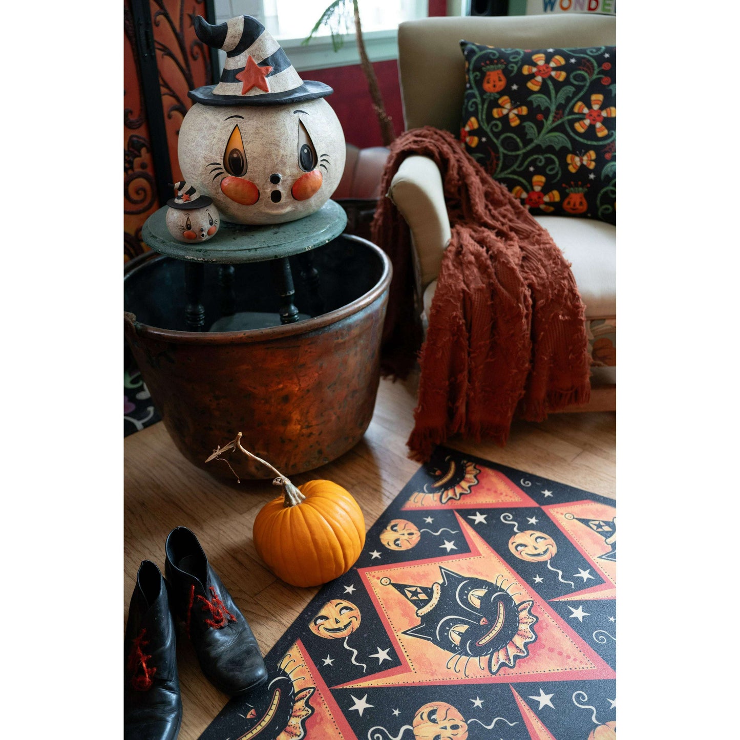 Grinning Black Cat Jack 56” Harlequin Vinyl Floor Decor