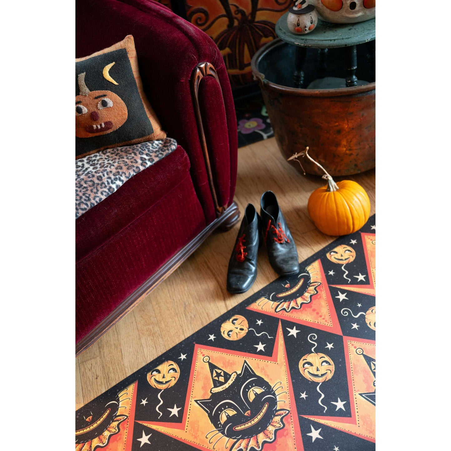 Grinning Black Cat Jack 56” Harlequin Vinyl Floor Decor