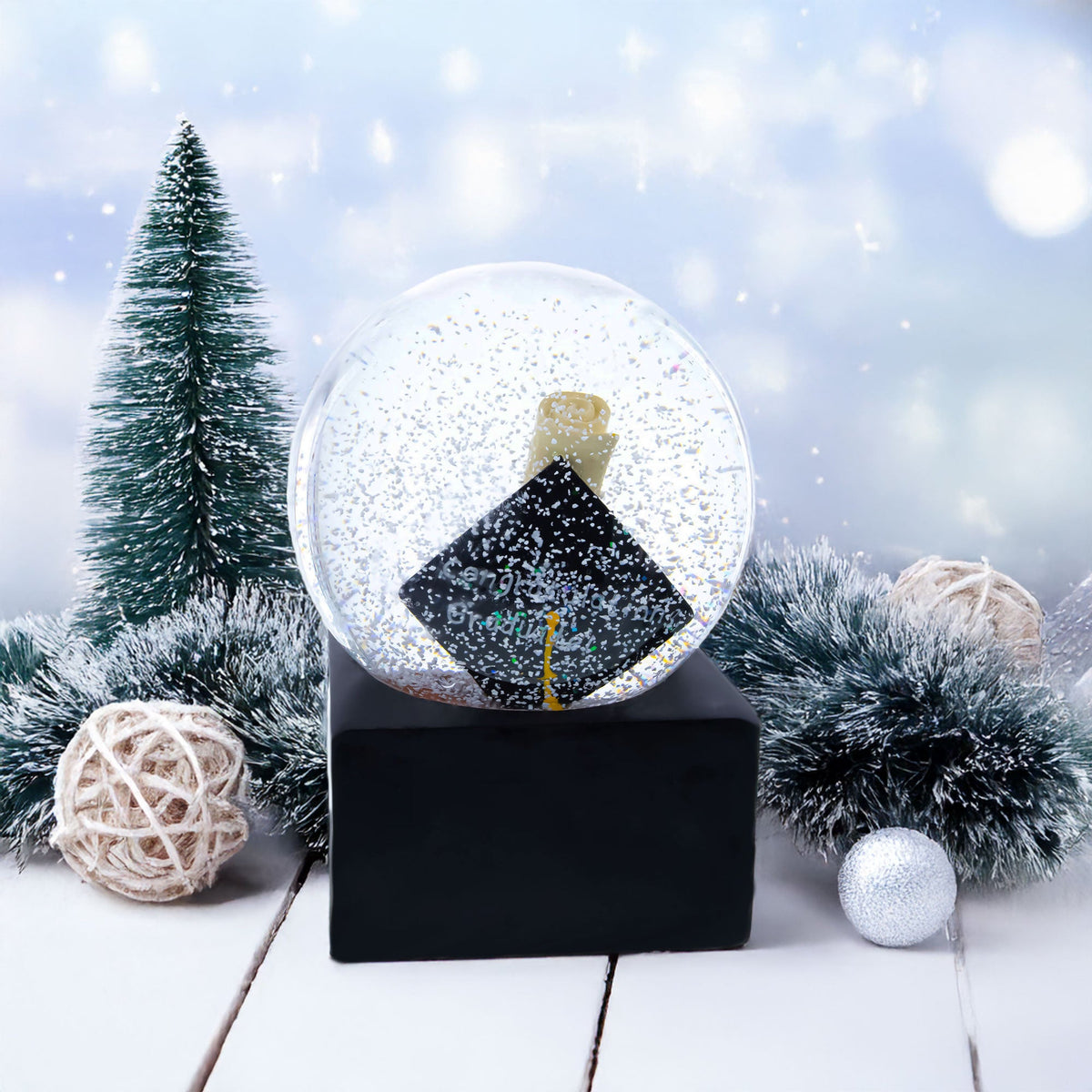Graduation Hat & Diploma Glass Water Snow Globe