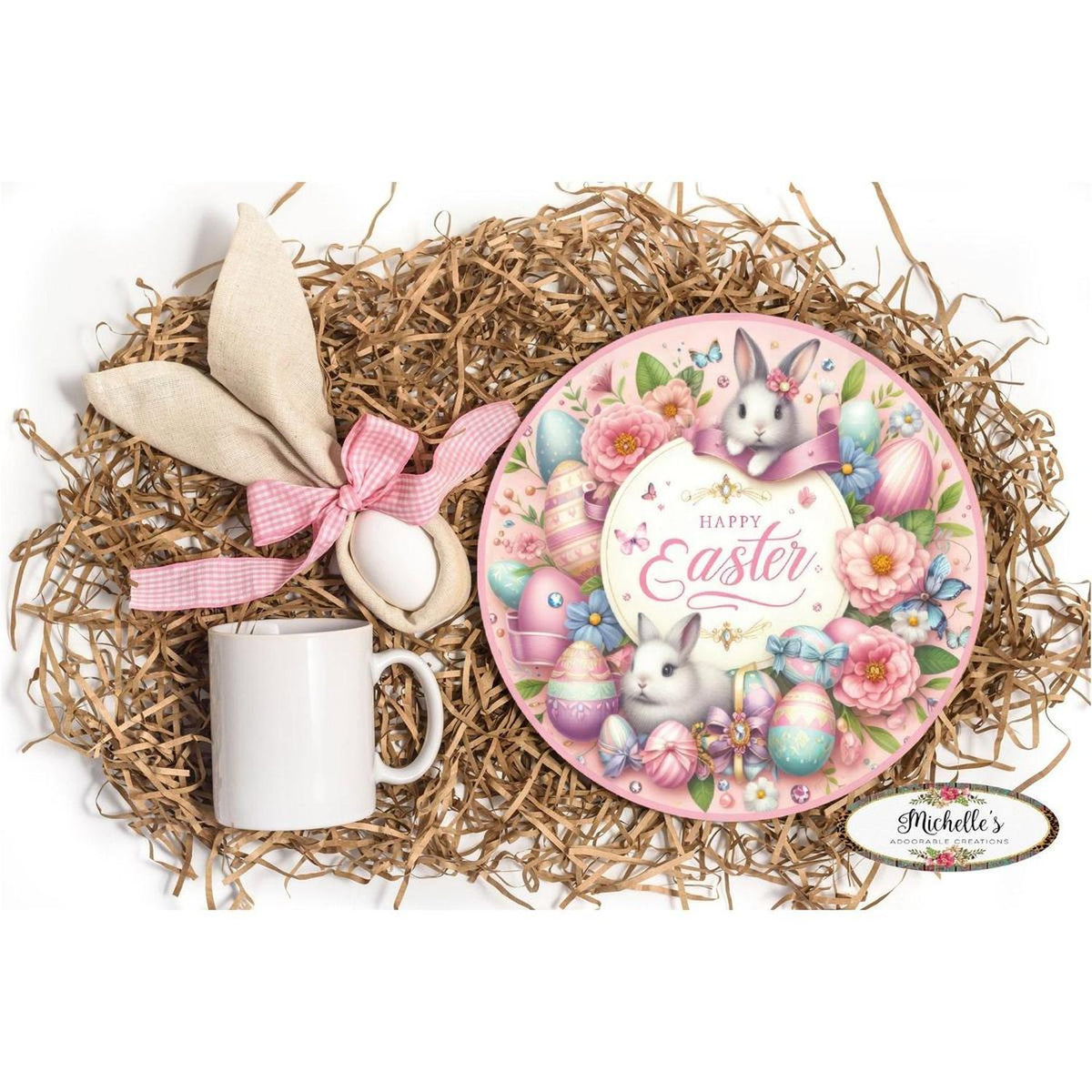 Happy Easter Pink Bunnies Egg Sign