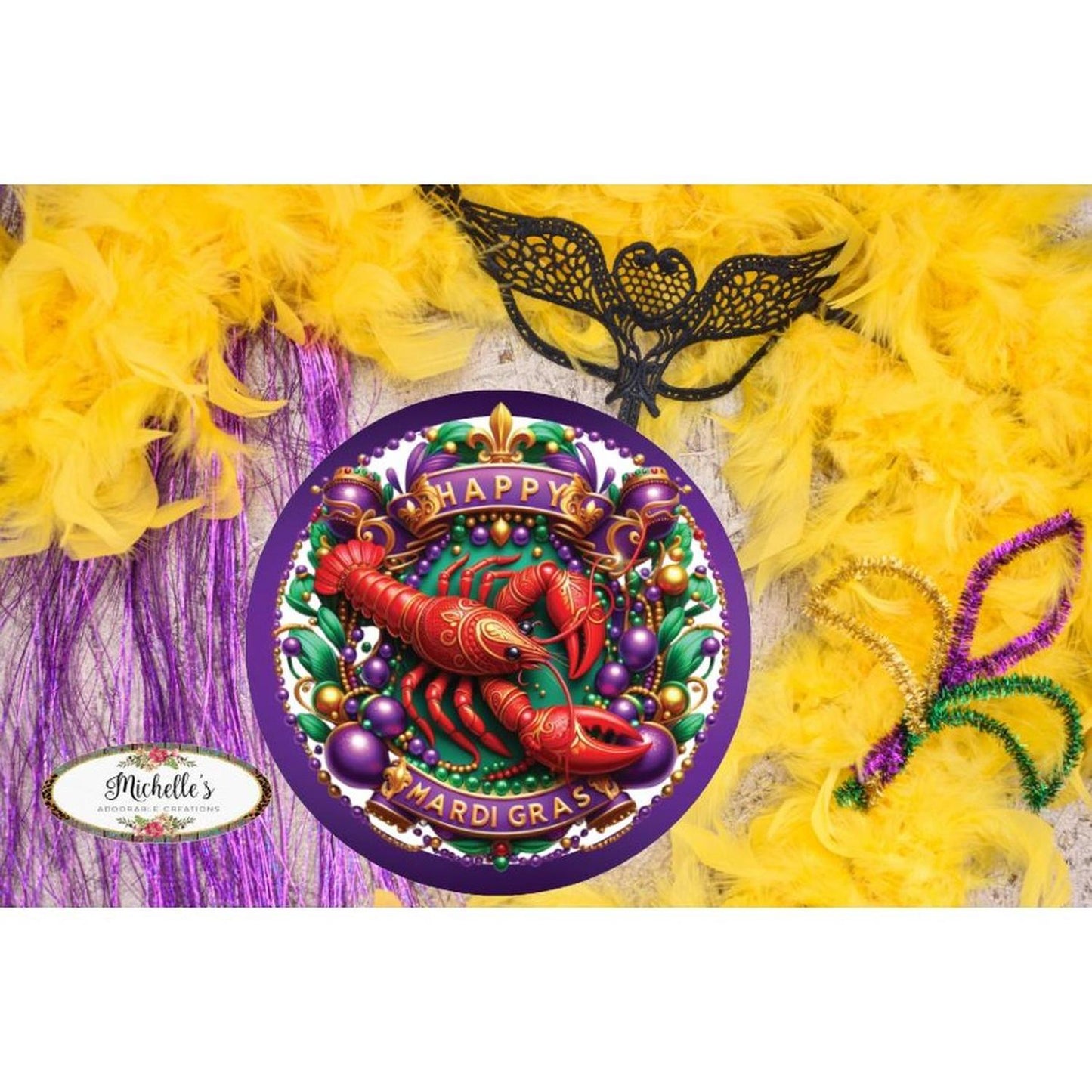 Happy Mardi Gras Crawdad Round Sign - Wreath Enhancement