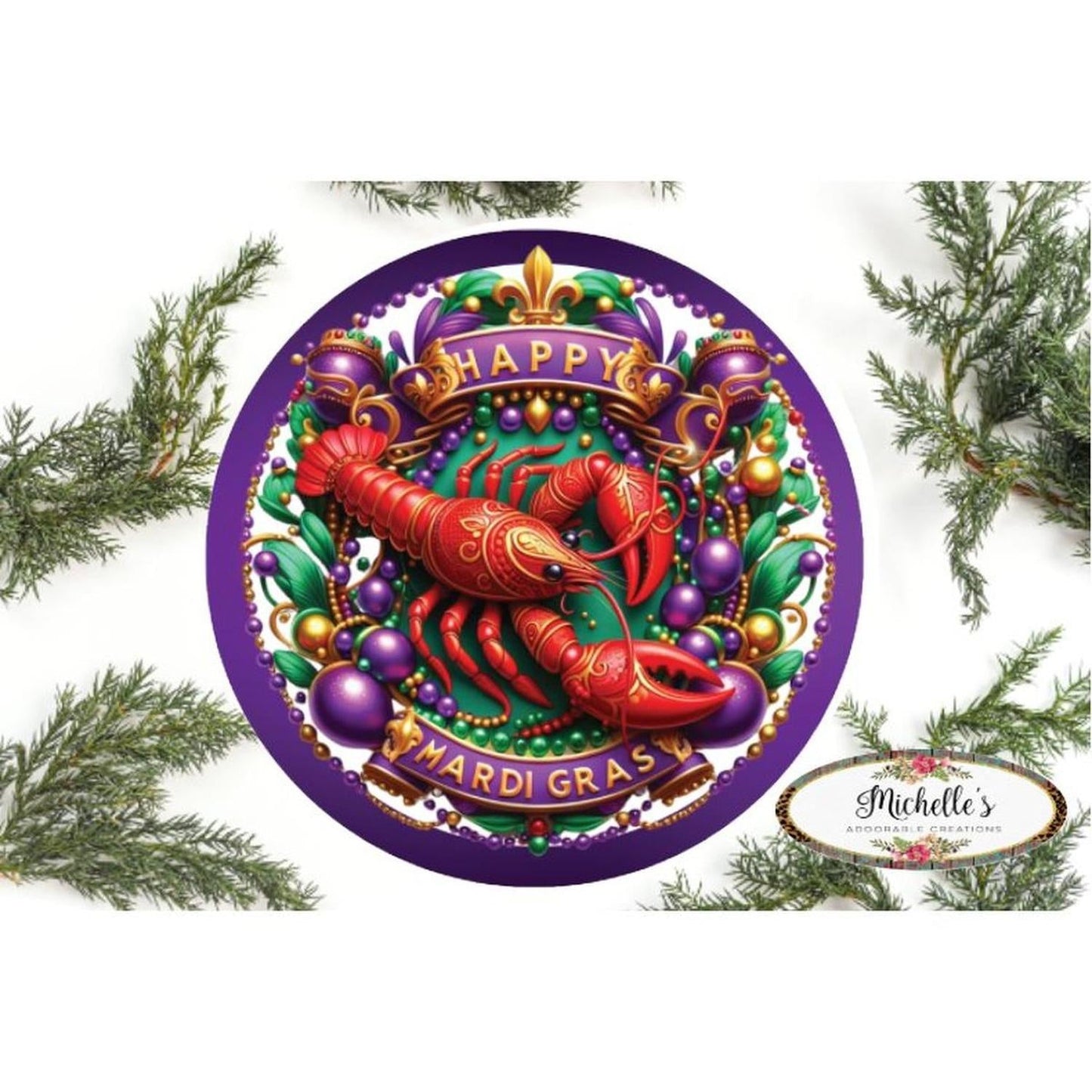 Happy Mardi Gras Crawdad Round Sign - Wreath Enhancement