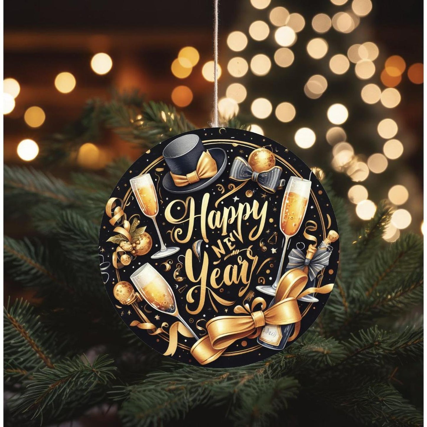 Happy New Year Top Hat Round Sign - Wreath Enhancement