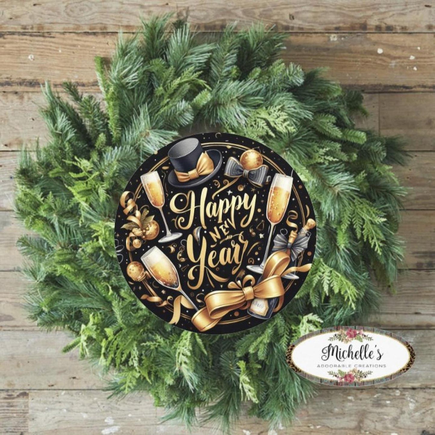 Happy New Year Top Hat Round Sign - Wreath Enhancement