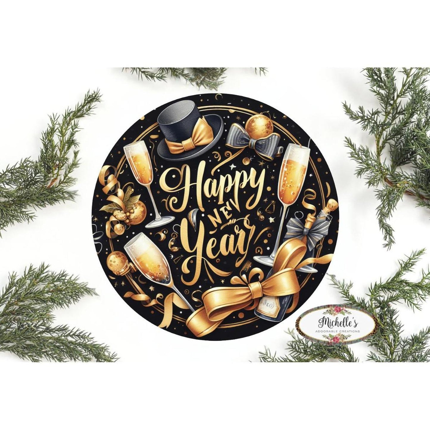 Happy New Year Top Hat Round Sign - Wreath Enhancement