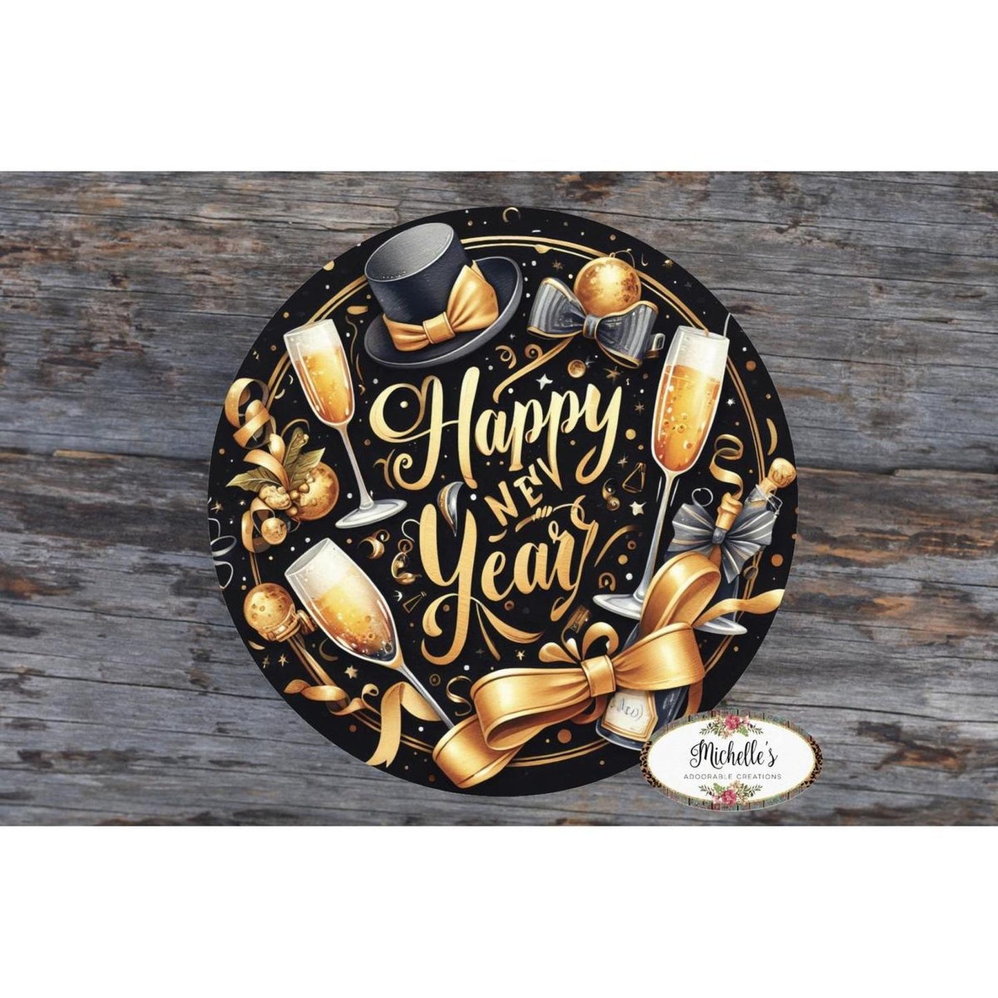 Happy New Year Top Hat Round Sign - Wreath Enhancement