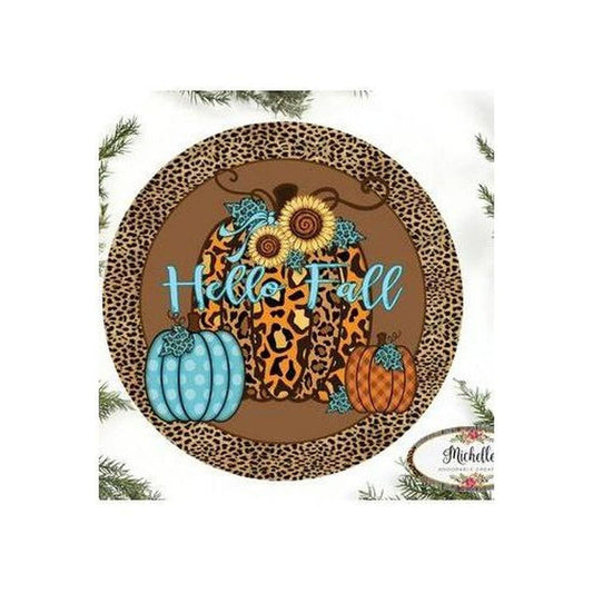 Hello Fall Leopard Animal Print Pumpkin Sign - Wreath Accent Sign