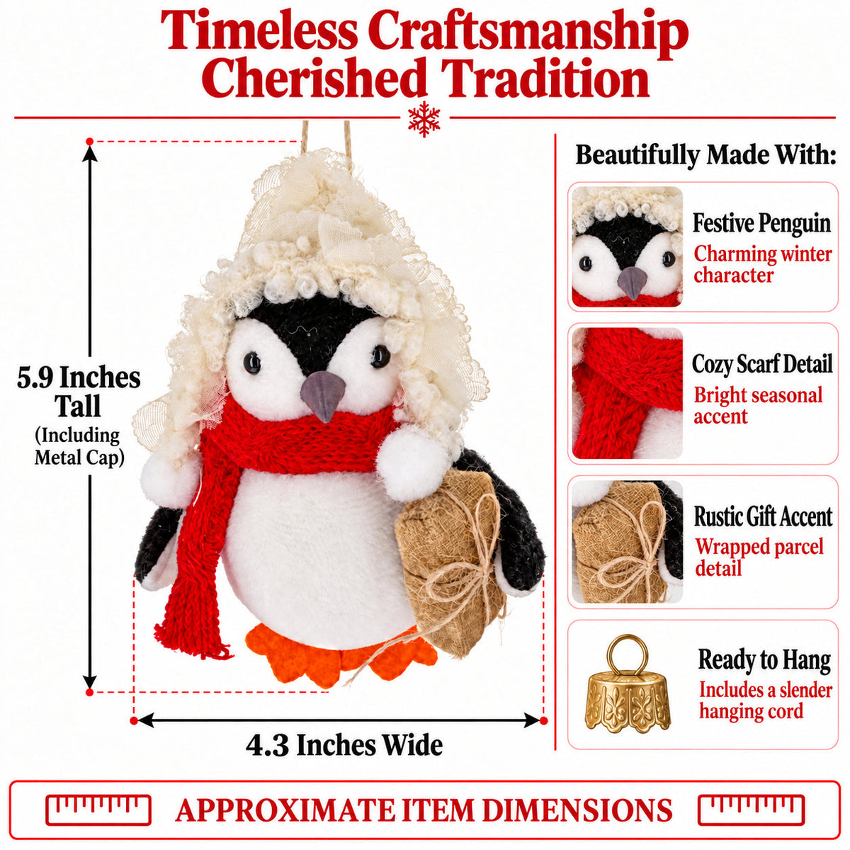 Penguin Holding Burlap Gift Felt Fabric Christmas Ornament