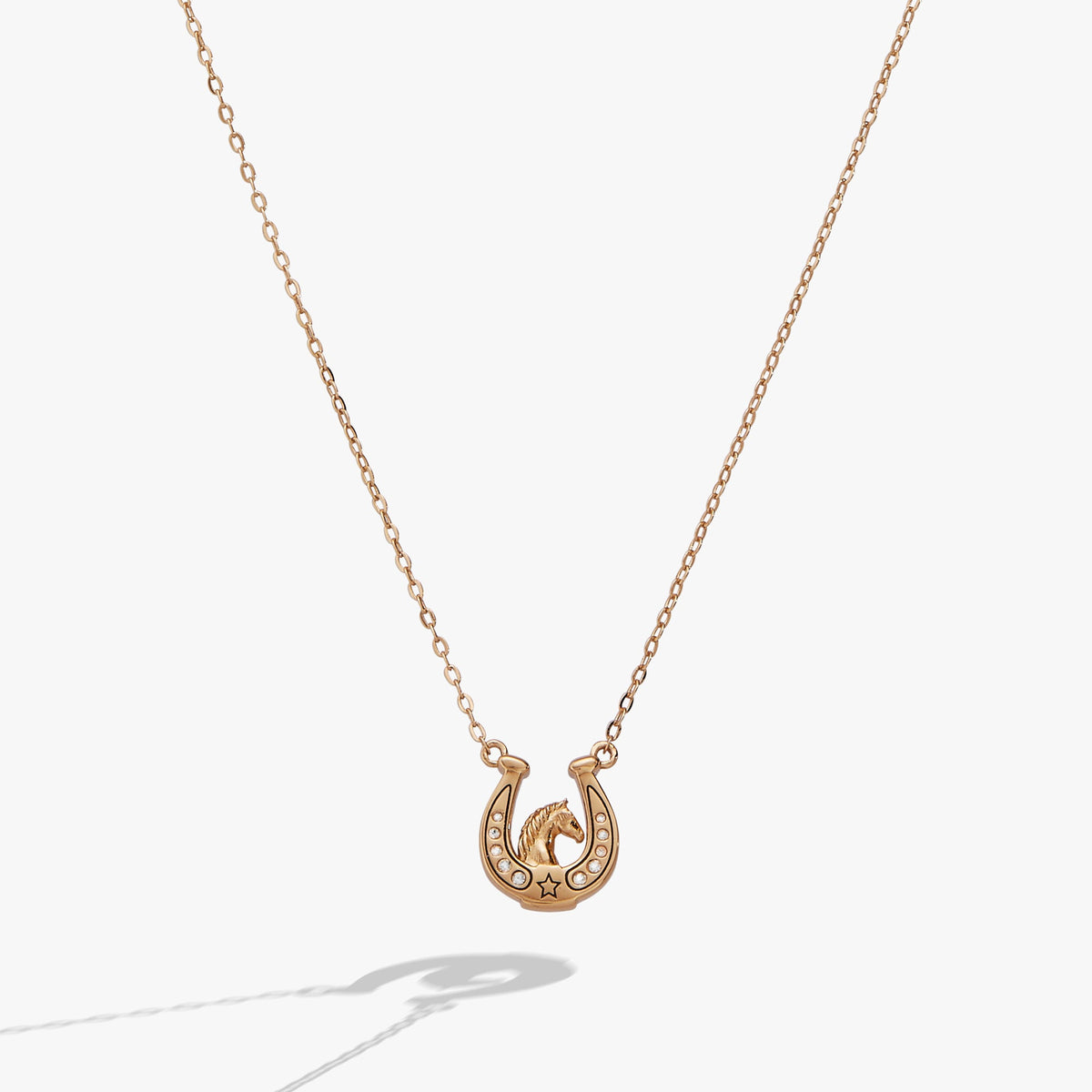 a gold necklace with a horseshoe pendant