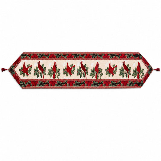 Cardinal, Mistletoe Poinsettia Christmas Tablecloth Holiday Runner 77 Inches