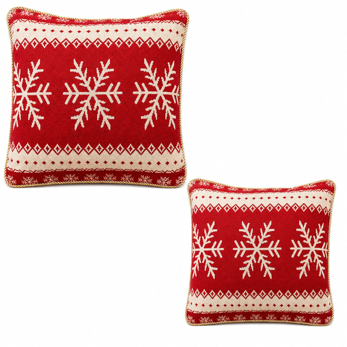 a red and white pillow with snowflakes