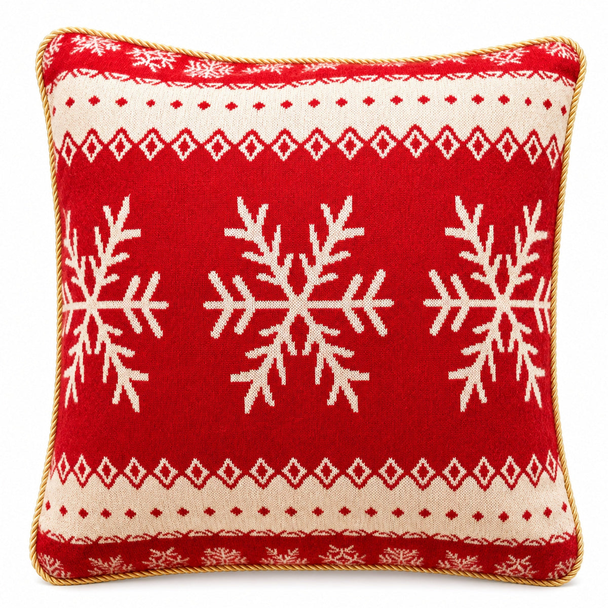 a red and white pillow with snowflakes