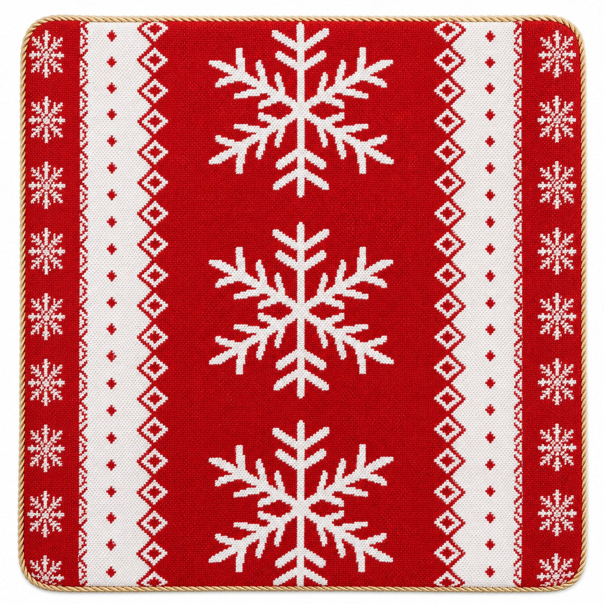 a red and white knitted mat with snowflakes