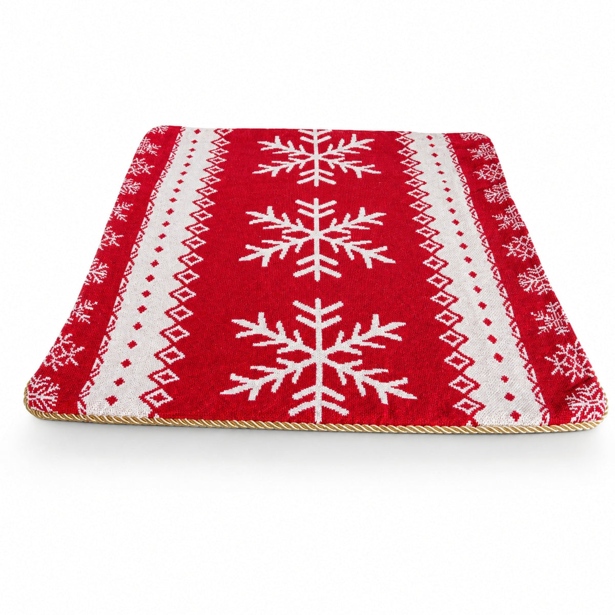 a red and white rug with snowflakes