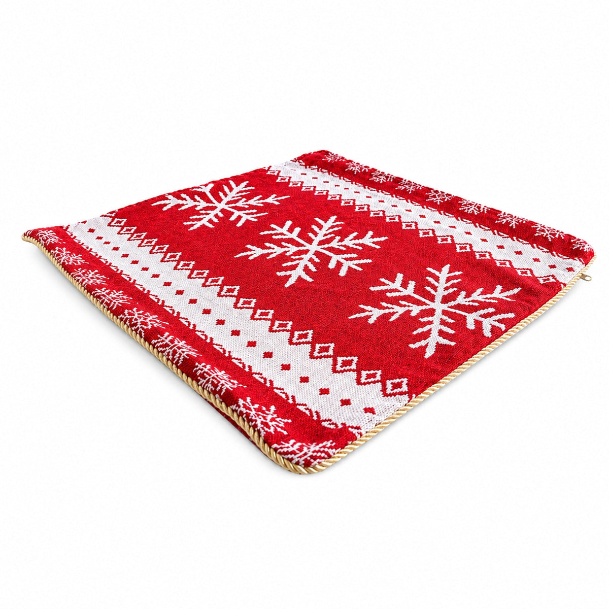 a red and white rug with snowflakes