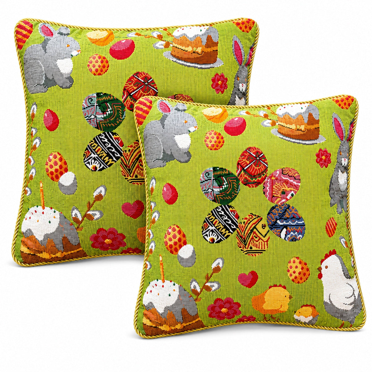 a pair of green pillows with designs on them