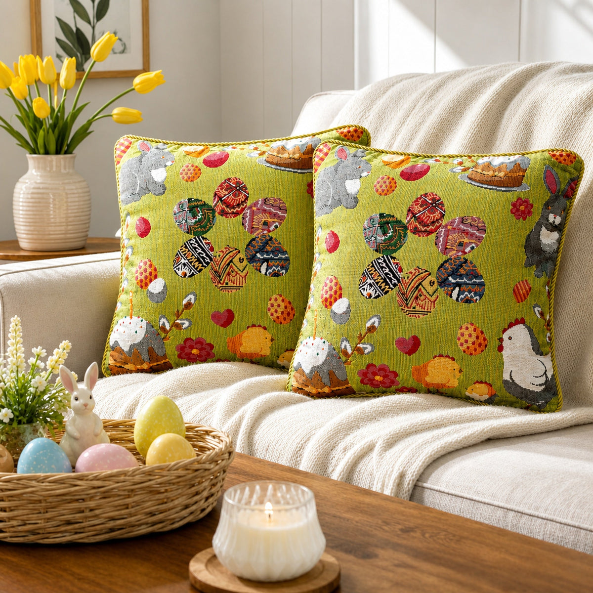 a couch with pillows and a basket of eggs