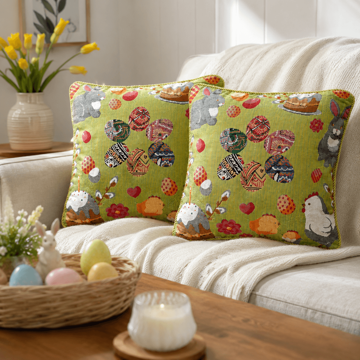 Set of 2 Easter Eggs with Bunny, Chicks and Willow Tree Throw Pillow Covers