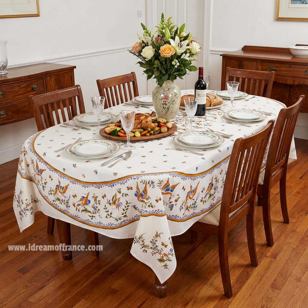 French Provencal tablecloth - Acrylic coated cotton, Spill-proof - 60x96" Rectangular - Moustiers blue | Tissus Toselli