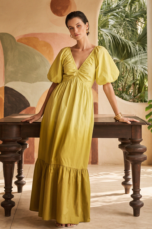a woman in a yellow dress