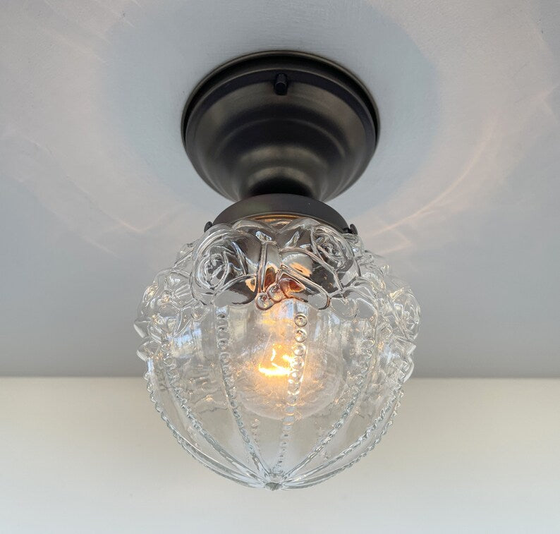 Victorian Embossed Flush Mount Globe Antique Ceiling Light Glass