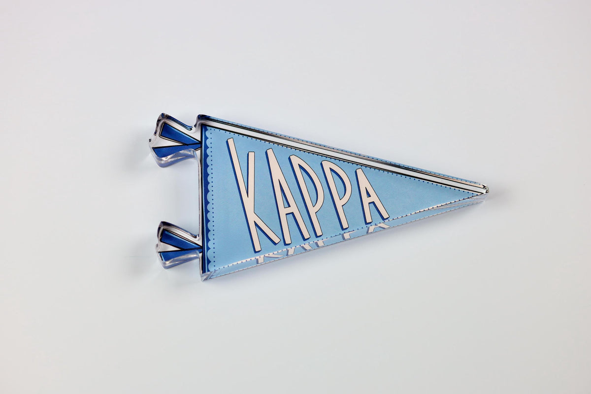 a blue triangular object with white text