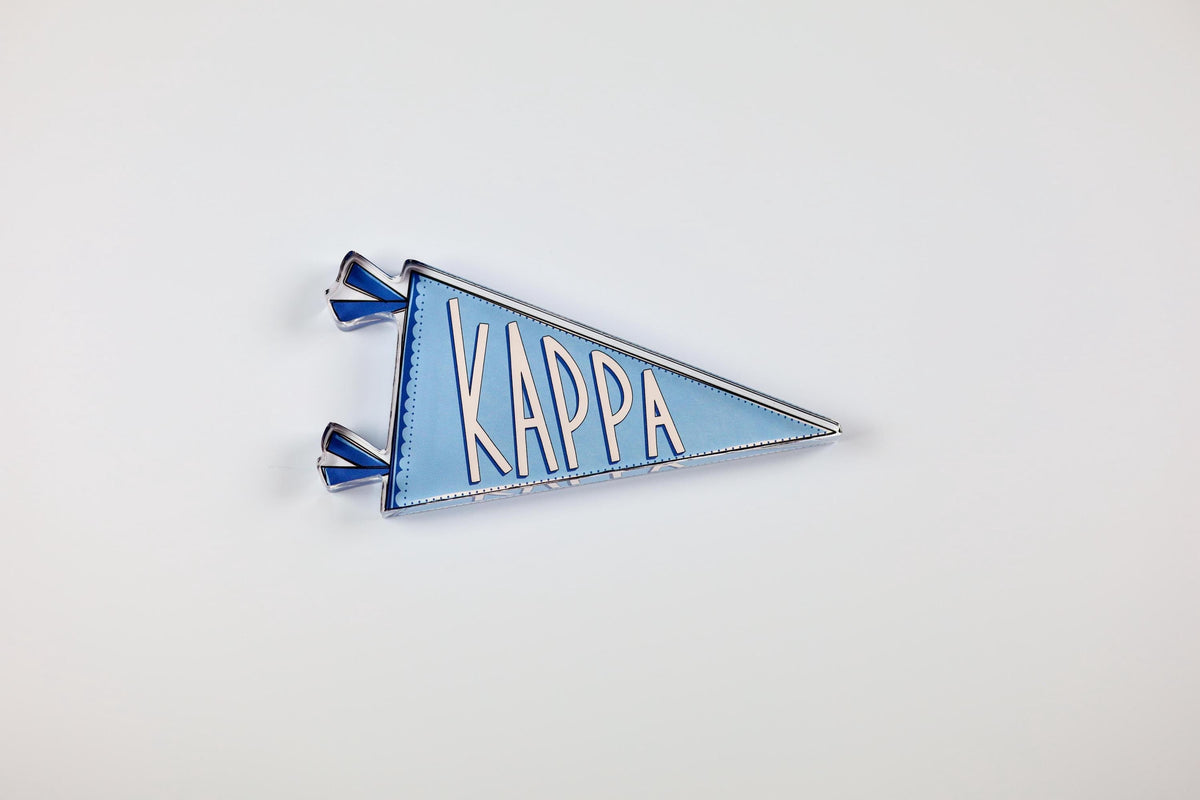 a blue triangular object with white text