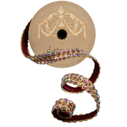1" Jewel Aurora Leaves Ribbon: Burgundy (5 Yards)