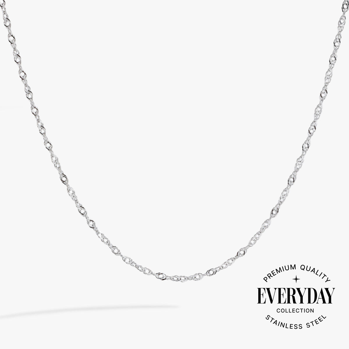 a silver chain with a white background