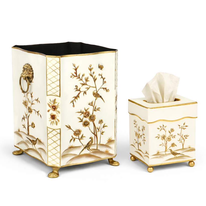 Ivory & Gold Scalloped Footed Wastepaper Basket & Tissue (2 Options)