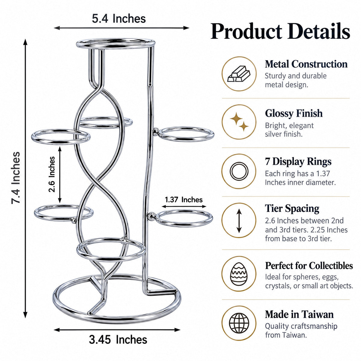 7-Ring 3-Tier Silver Wire Metal Sphere Crystals Egg Stand Holder Display 7.4 Inches