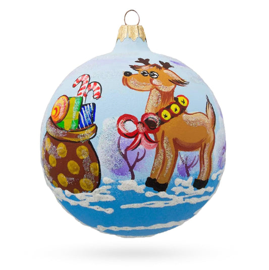Reindeer Carrying Bag of Gifts Glass Ball Christmas Ornament 3.25 Inches