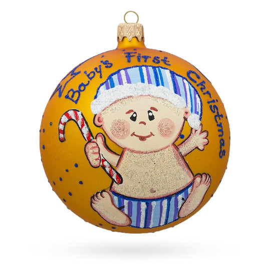 Boy with Candy Cane Glass Ball Baby's First Christmas Ornament 4 Inches