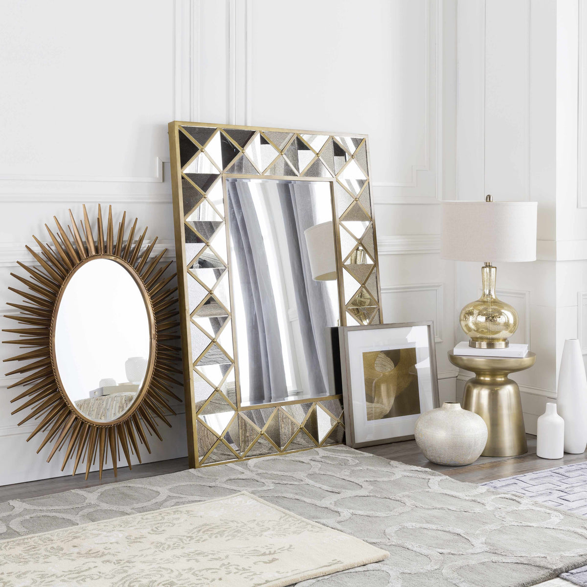 a room with a mirror and a lamp