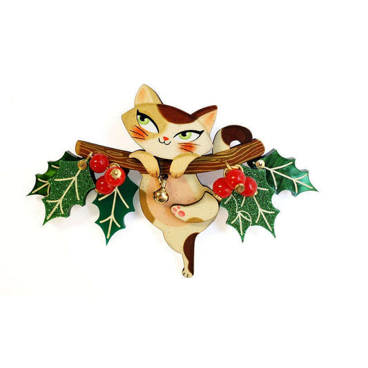 Kitty on A Holly Branch Brooch by Laliblue