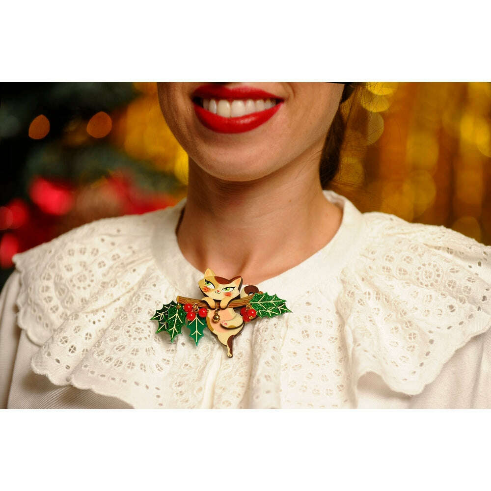 Kitty on A Holly Branch Brooch by Laliblue
