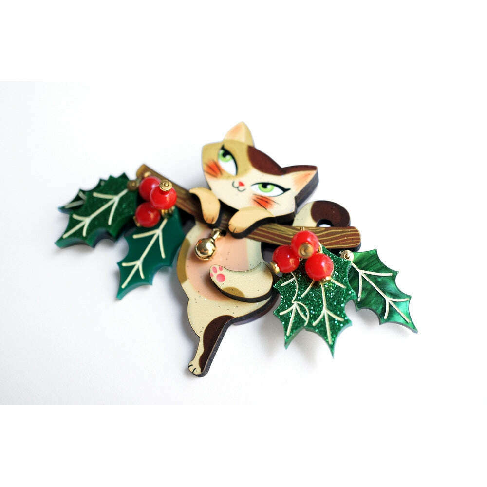 Kitty on A Holly Branch Brooch by Laliblue