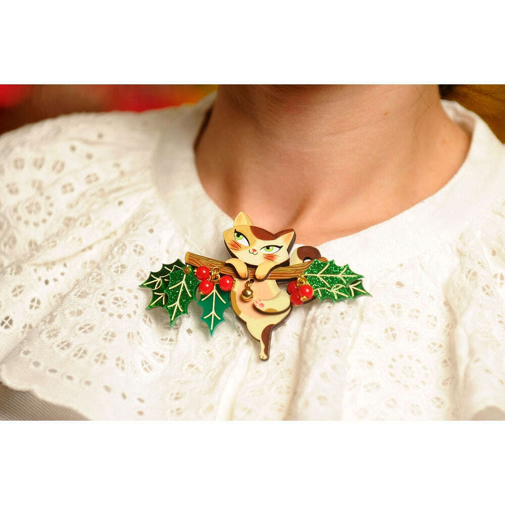 Kitty on A Holly Branch Brooch by Laliblue