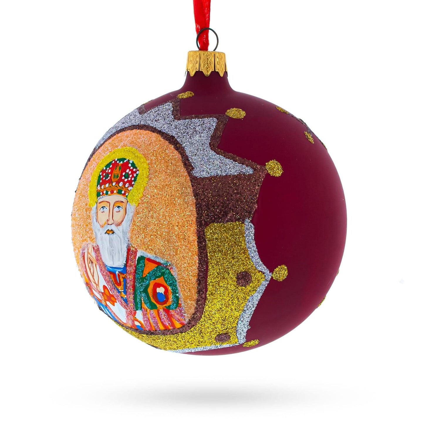 Reverent St. Nicholas with the Bible on Red Glass Ball Christmas Ornament 4 Inches