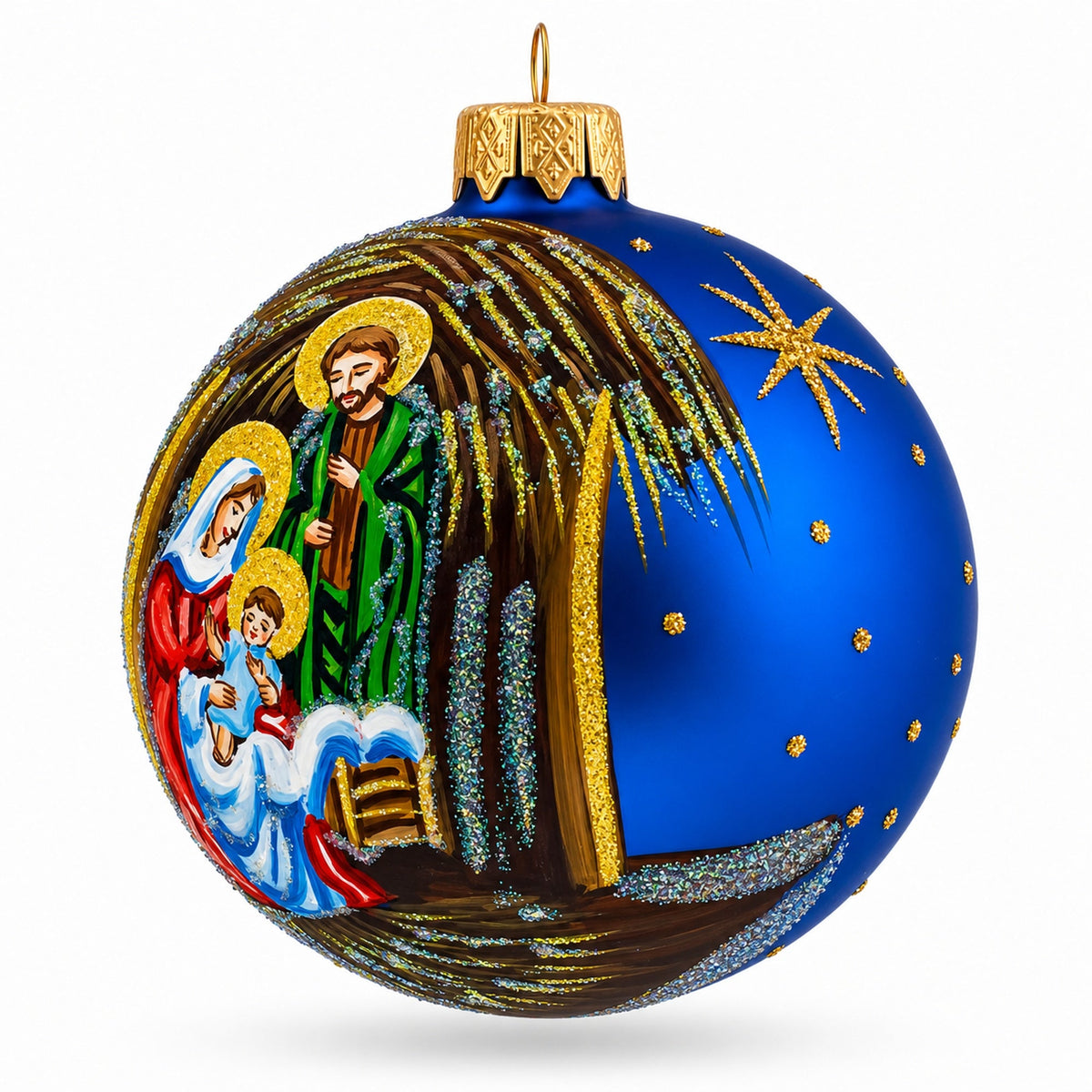 Timeless Nativity Scene in Manger Glass Ball Christmas Ornament 3.25 Inches
