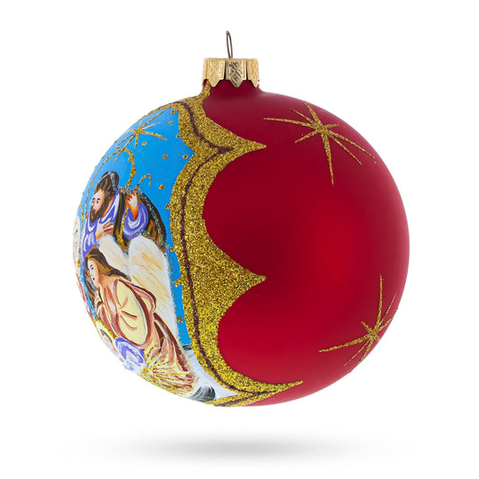 Divine Angel & Holy Family Admiring Jesus Nativity Glass Ball Christmas Ornament 4 Inches