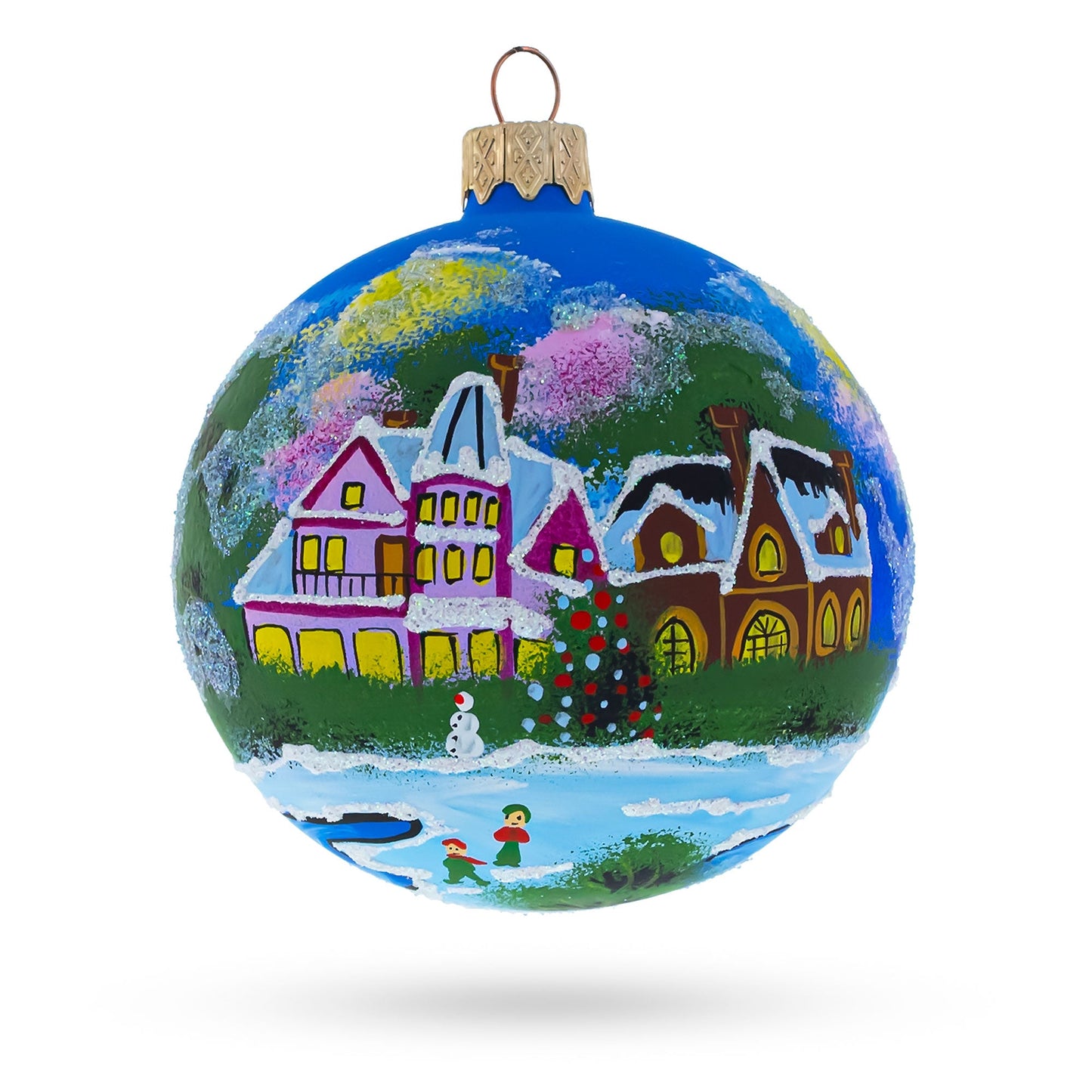 Enchanted Christmas Night Winter Village Glass Ball Ornament 3.25 Inches