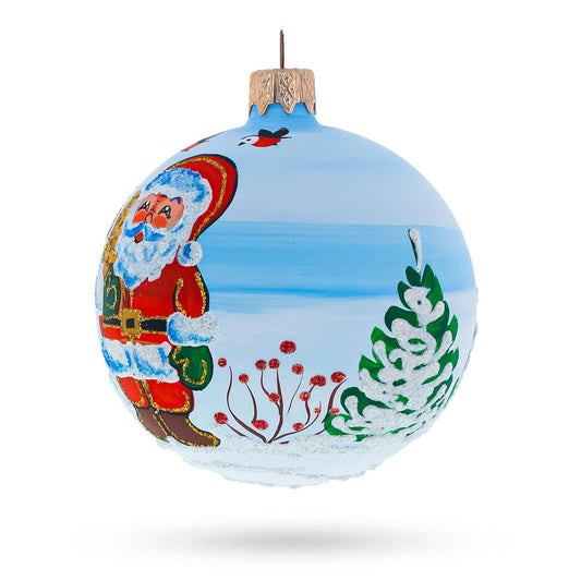 Enchanting Snowman with Bird House and Santa Glass Ball Christmas Ornament 3.25 Inches