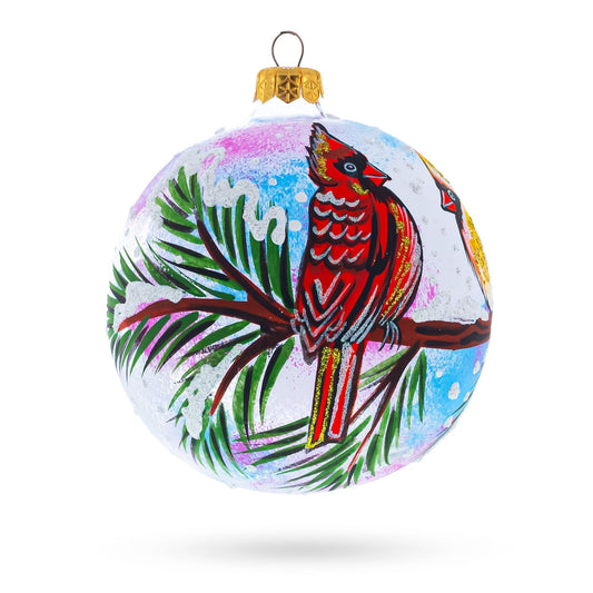 Cardinal Pair on Pine Branch Glass Ball Christmas Ornament 4 Inches