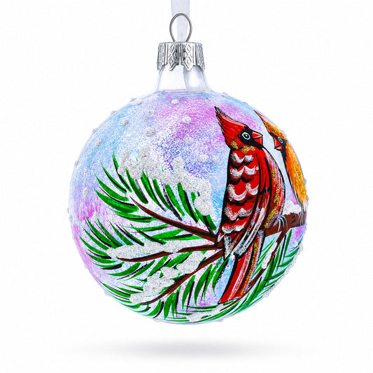 Two Cardinals in Snowy Scenery Glass Ball Christmas Ornament 3.25 Inches