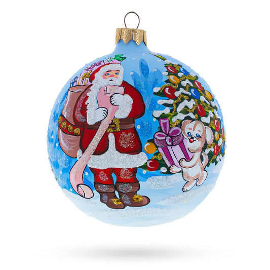 Santa's Gift List and Loyal Dog Glass Ball Christmas Ornament 4 Inches