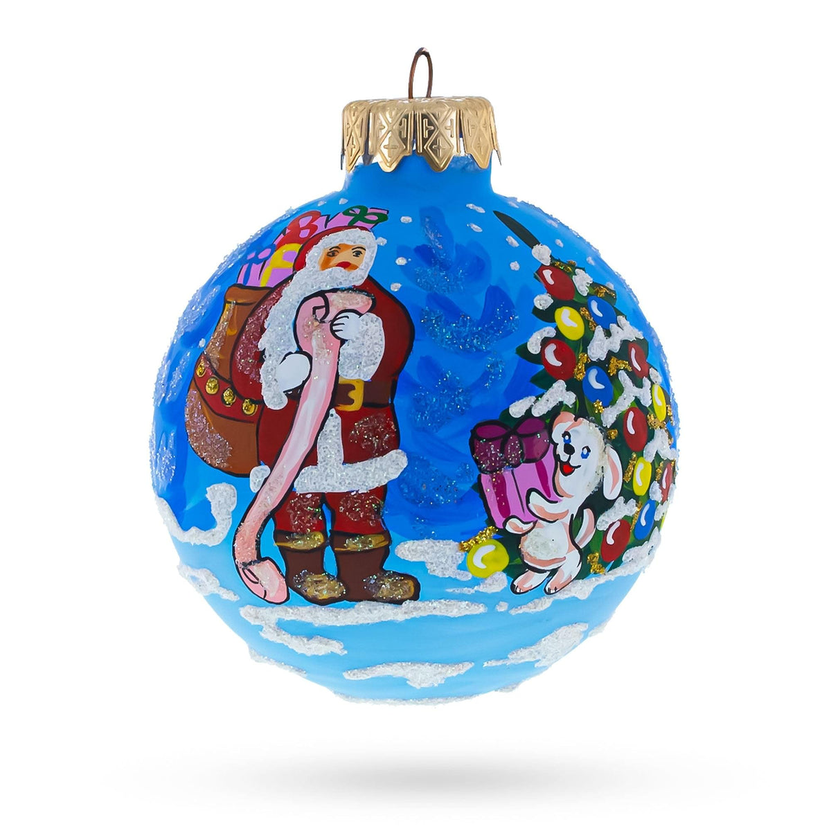 Santa With Gift List And Bunny Glass Ball Christmas Ornament 3.25 Inches