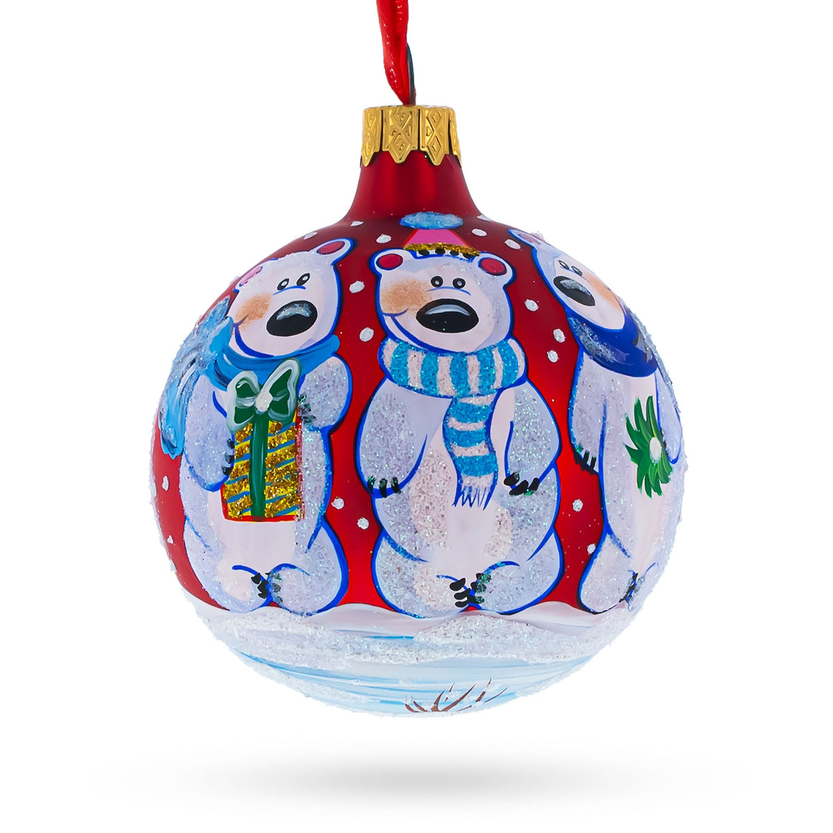 Three Polar Bears Glass Ball Christmas Ornament 3.25 Inches